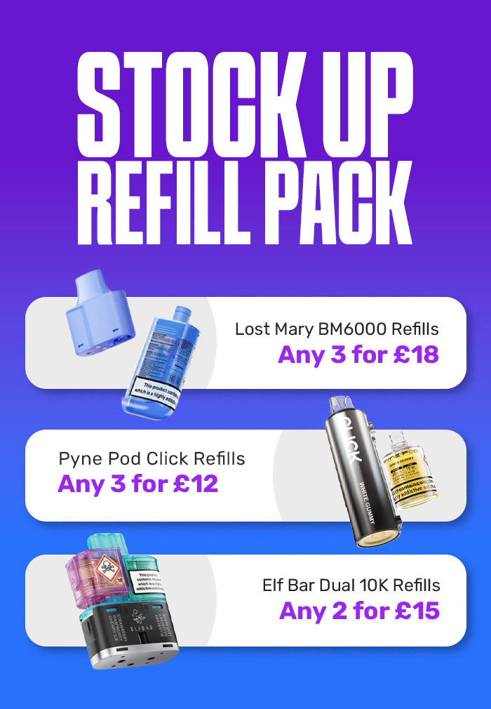 Advertisement for stock up refill packs with product images and pricing on a blue and purple background.