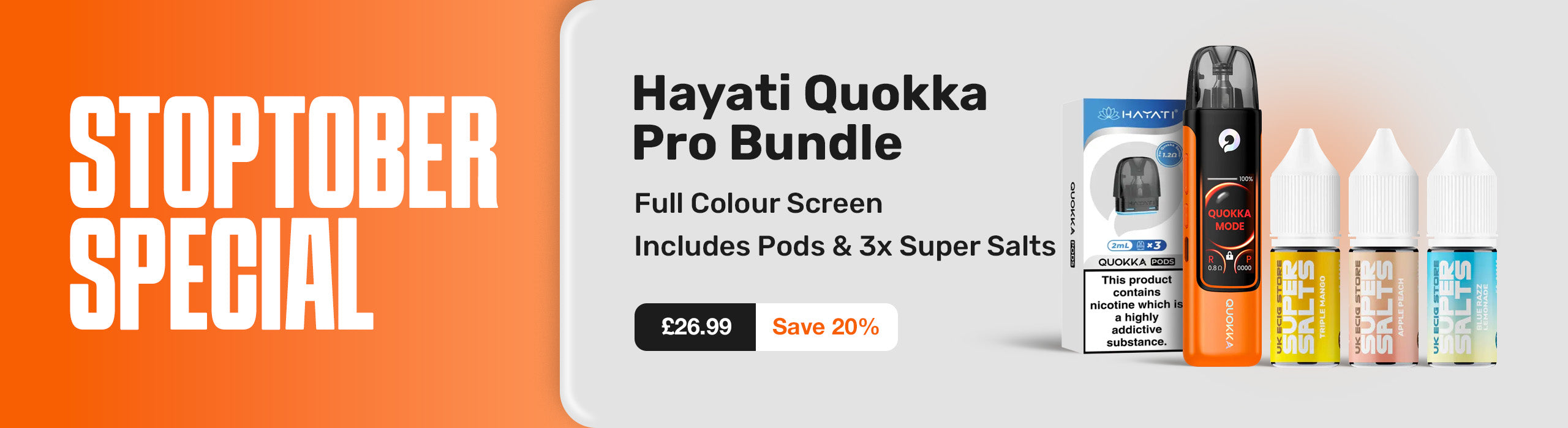 Vape product bundle with 'Stoptober Special' text on an orange and gray background