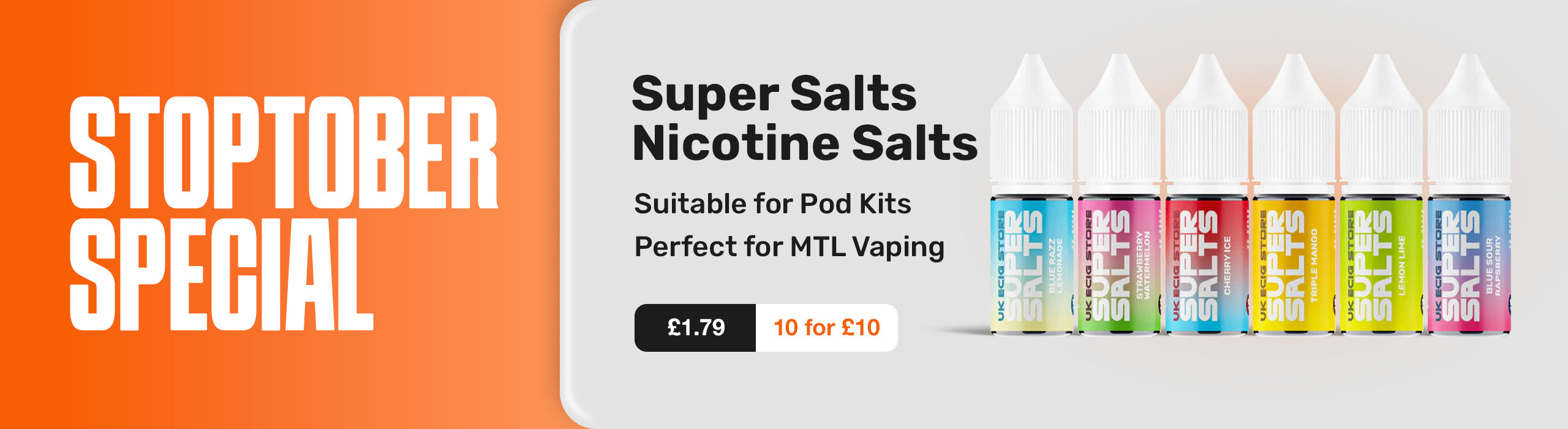 Super Salts Nicotine Salts advertisement with colorful vape juice bottles on an orange and white background.