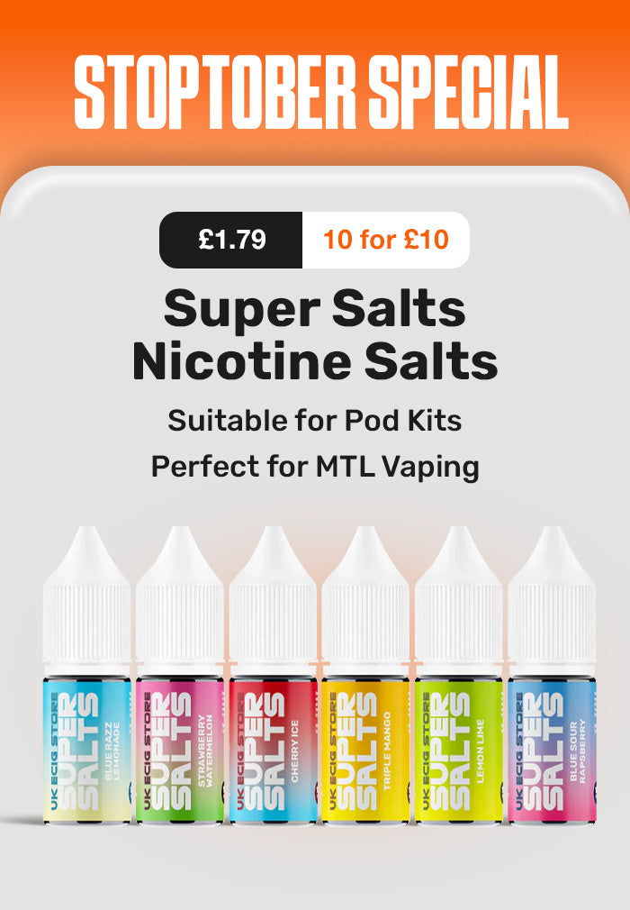 Super Salts nicotine salts packaging with colorful bottles on a white background
