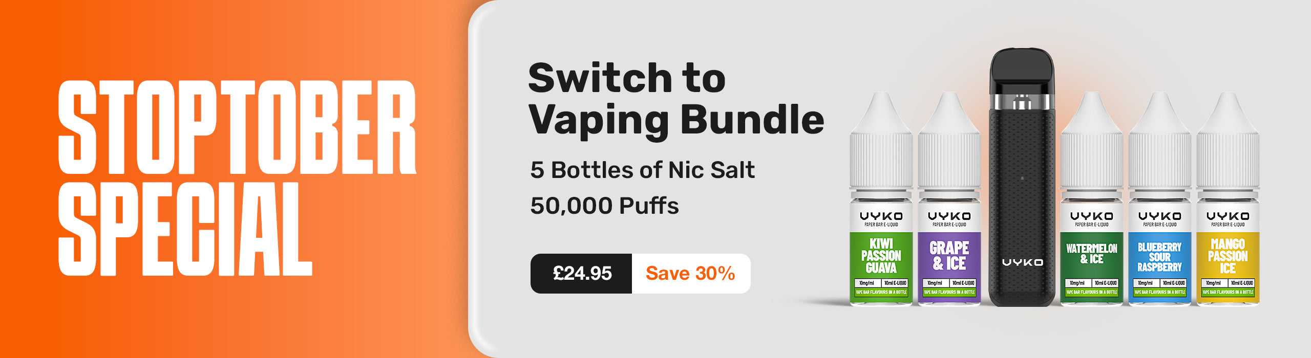Vaping product bundle with 'Stoptober Special' text on an orange background