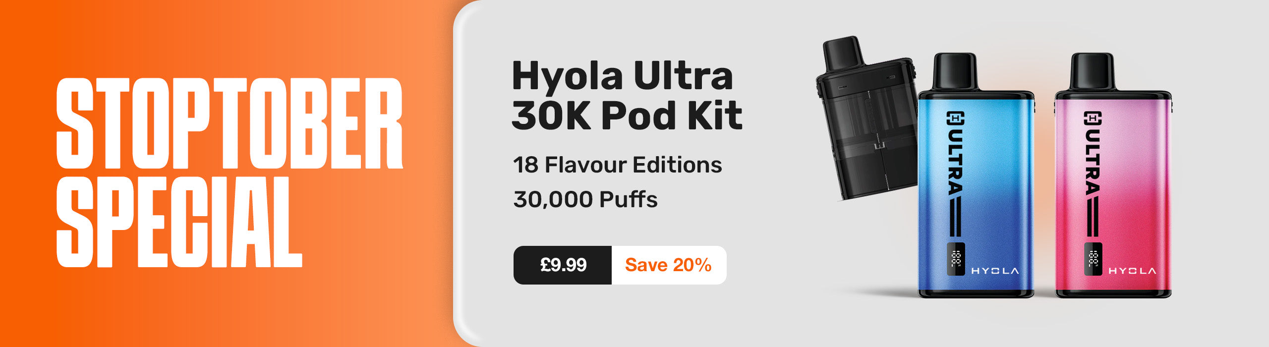 Hyola Ultra 30K Pod Kit advertisement with three colorful pods on a gradient background.