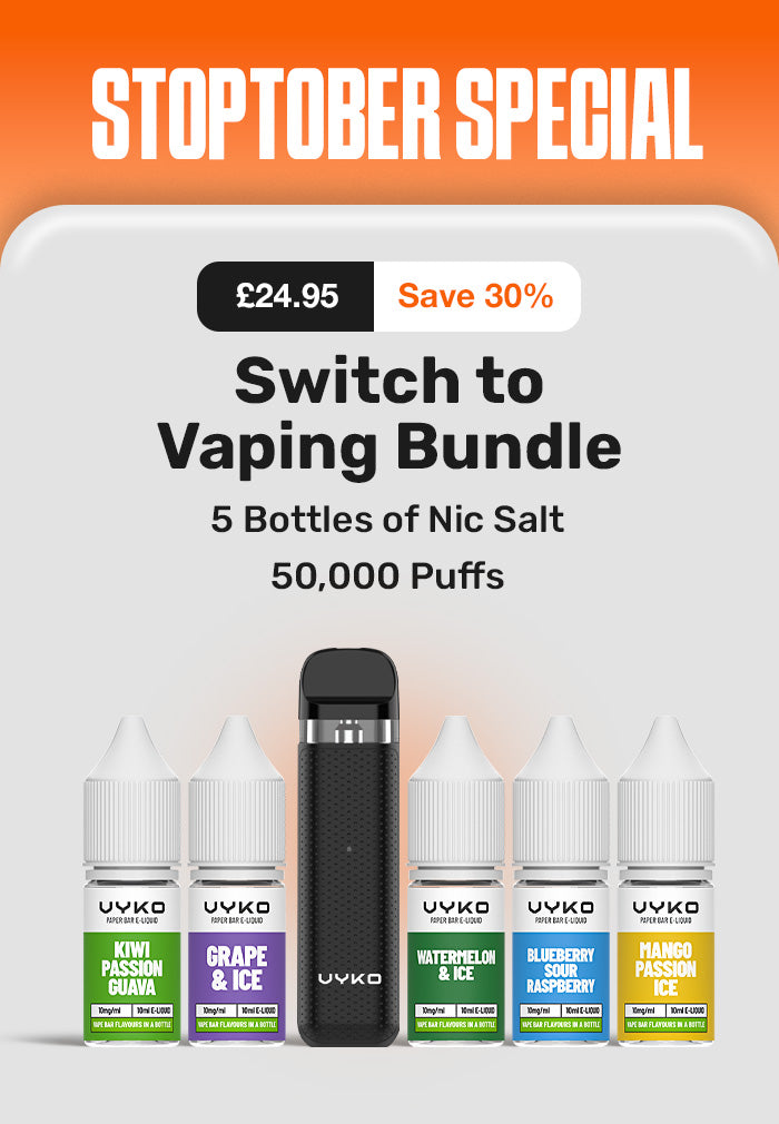 Vaping product bundle with VVKO e-liquid bottles and a device, featuring a 'Stoptober Special' offer.