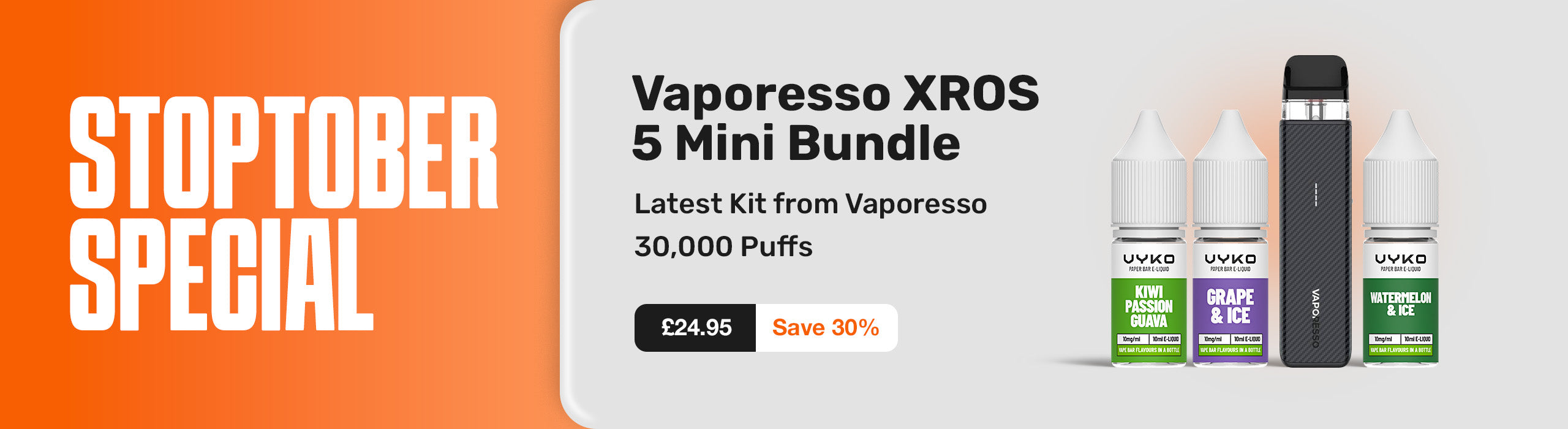 Vaporesso XROS 5 Mini Bundle advertisement with orange and white background