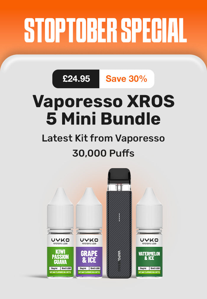 Vaporesso XROS 5 Mini Bundle with VVKO vape juice bottles on a gradient background