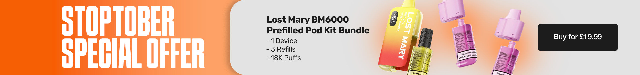 Vape device packaging with 'Stoptober Special Offer' text and product details.