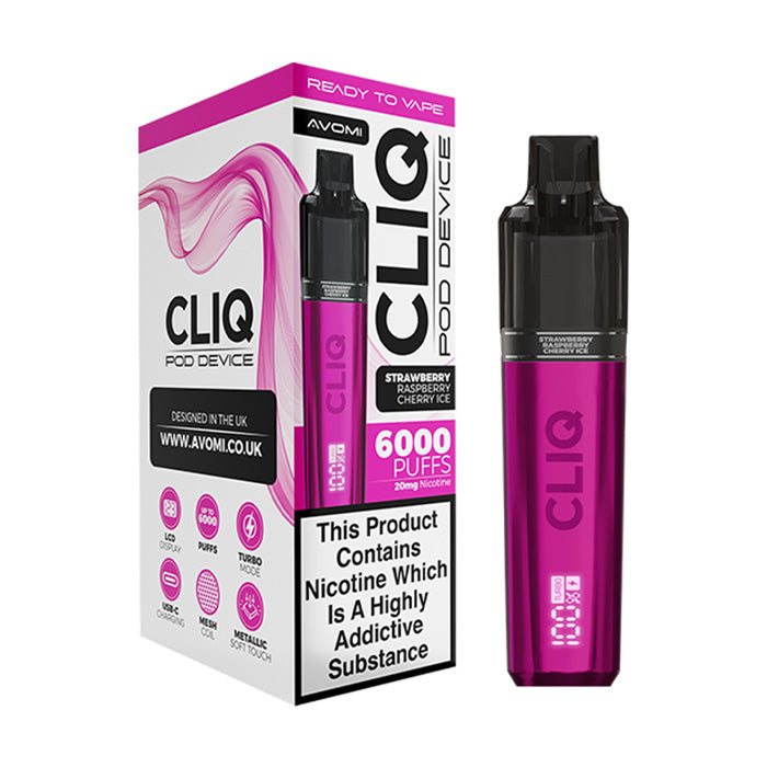 Strawberry Raspberry Cherry Ice Avomi Cliq 6000 Pod Kit and Box