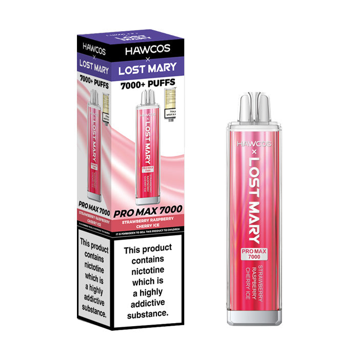 Strawberry Raspberry Cherry Ice Hawcos x Lost Mary Pro Max 7000 Disposable Vape and Box