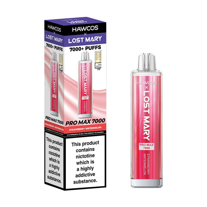 Strawberry Watermelon Hawcos x Lost Mary Pro Max 7000 Disposable Vape and Box