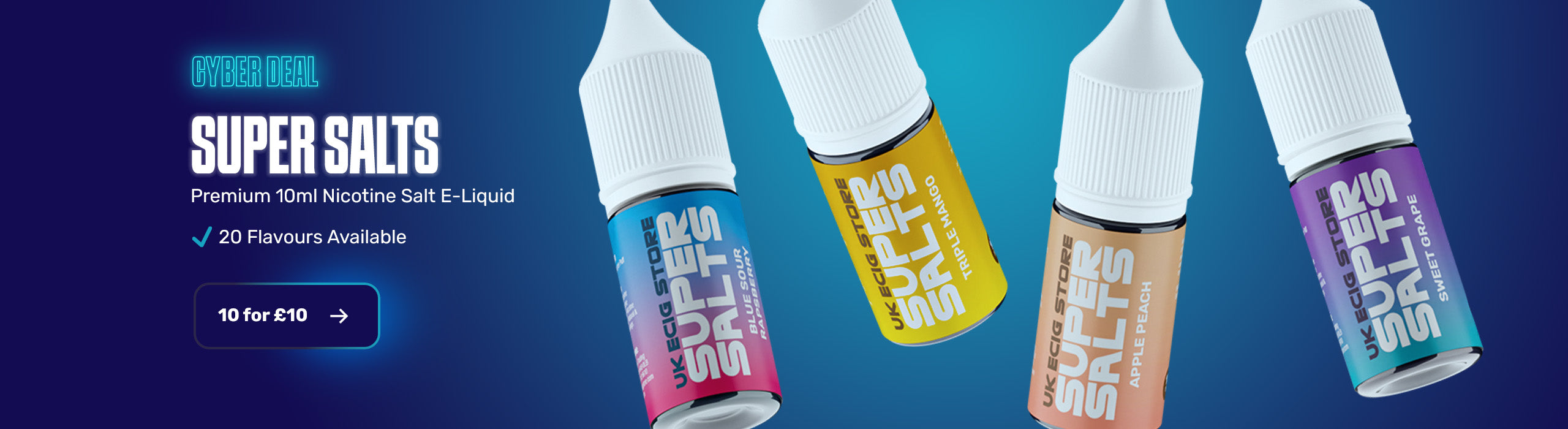 Super Salts e-liquid bottles on a blue background with promotional text.