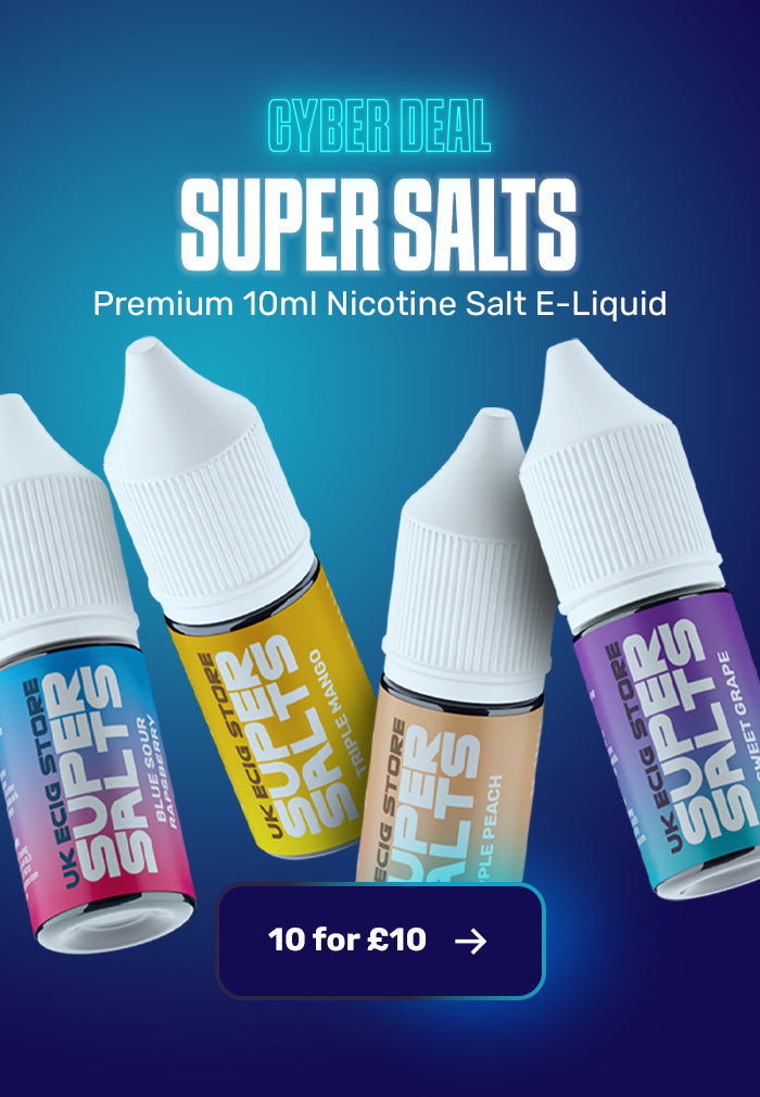 Four bottles of Super Salts nicotine salt e-liquid with a promotional offer on a blue background.