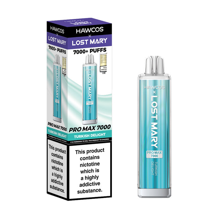 Turkish Delight Hawcos x Lost Mary Pro Max 7000 Disposable Vape and Box