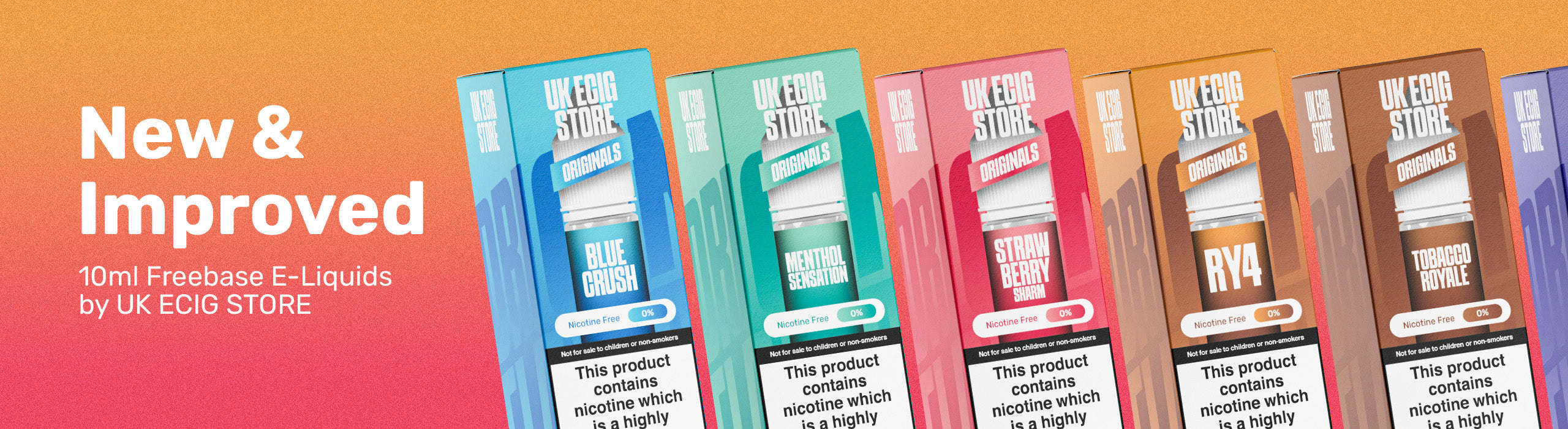 Packaging of Freebase E-Liquids from UK ECIG STORE with colorful boxes on a gradient background.