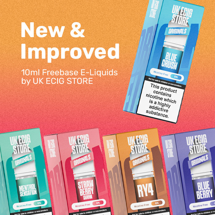 Promotional image of UK ECIG STORE e-liquid boxes with colorful packaging on a gradient background.