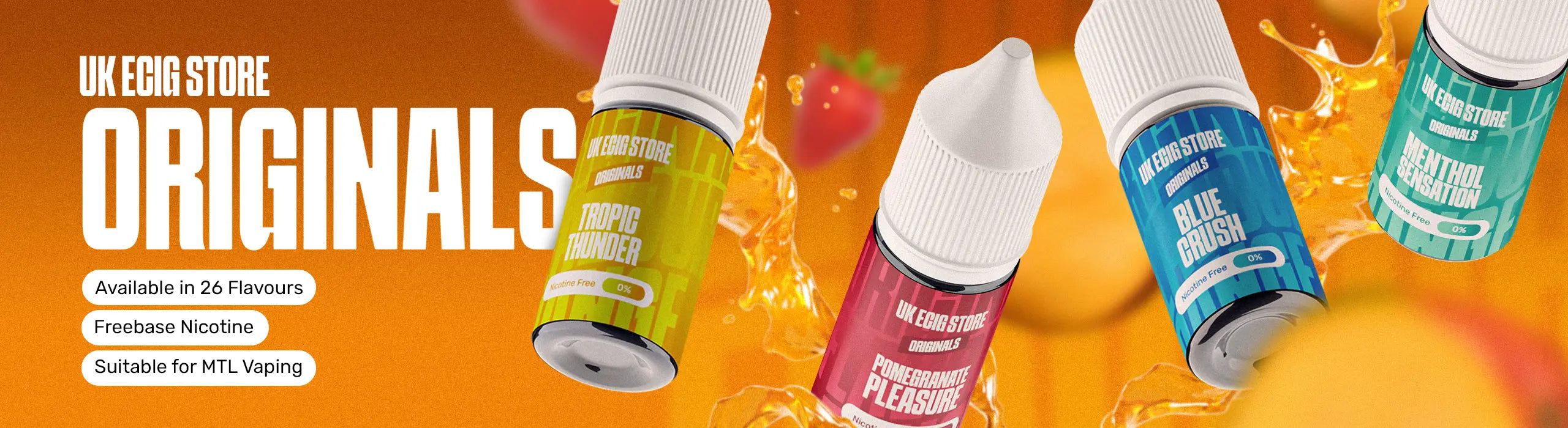 Vape juice bottles with colorful labels on an orange background