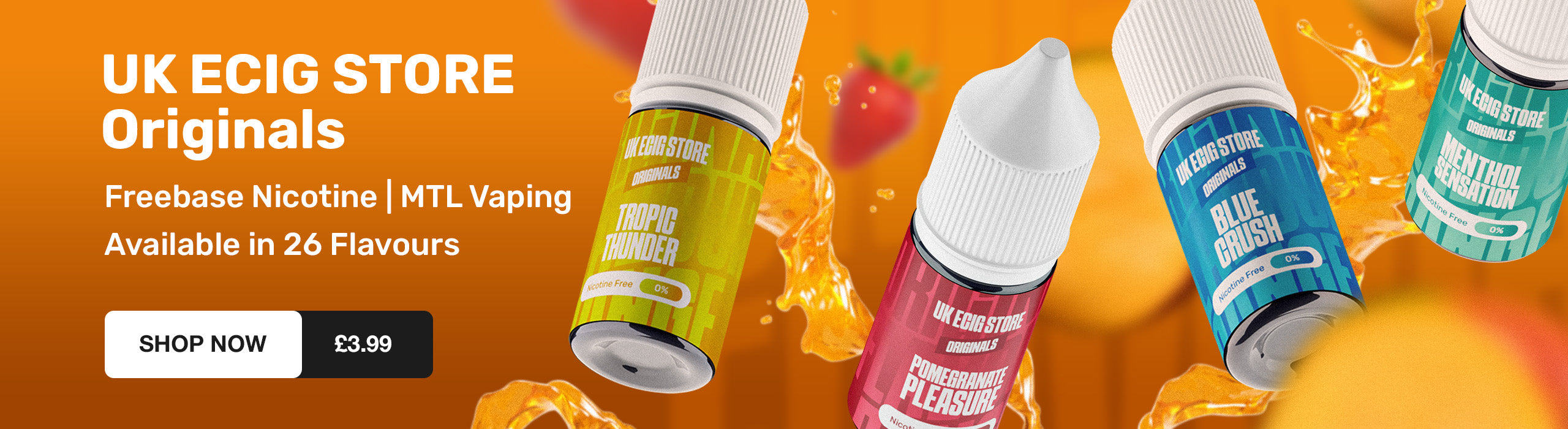 Promotional banner for UK ECIG STORE Originals with vape juice bottles on an orange background.