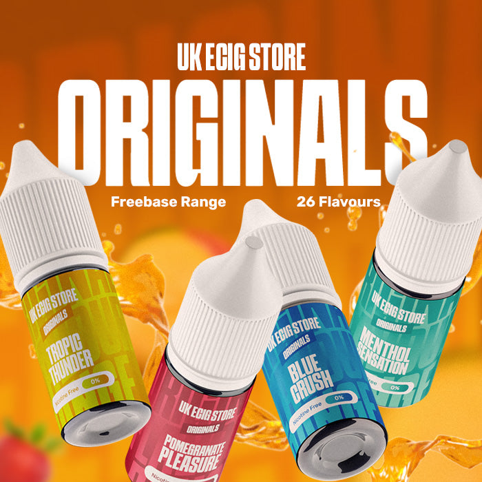 E-liquid bottles with colorful labels on an orange background, featuring 'UK ECIG STORE' branding.