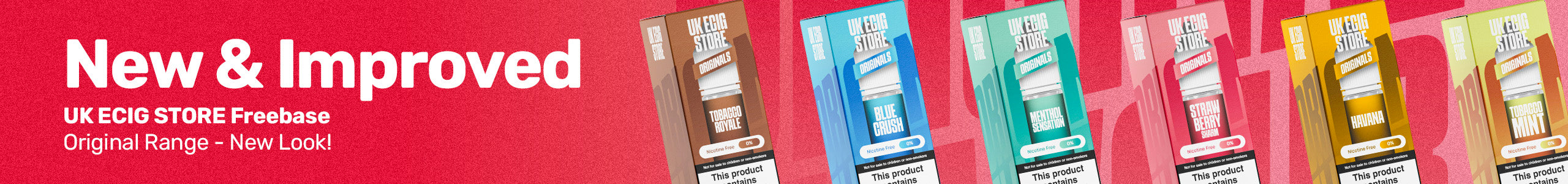 New and Improved UK ECIG STORE e-liquids with six products on a red background.