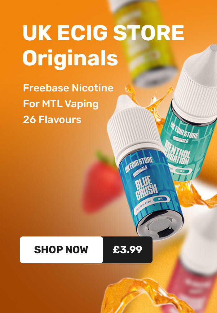 Advertisement for UK ECIG STORE vape juice with product bottles and text on an orange background.
