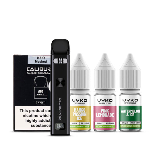 Black Uwell Caliburn G3 Kit with a pack of pods and three e-liquids