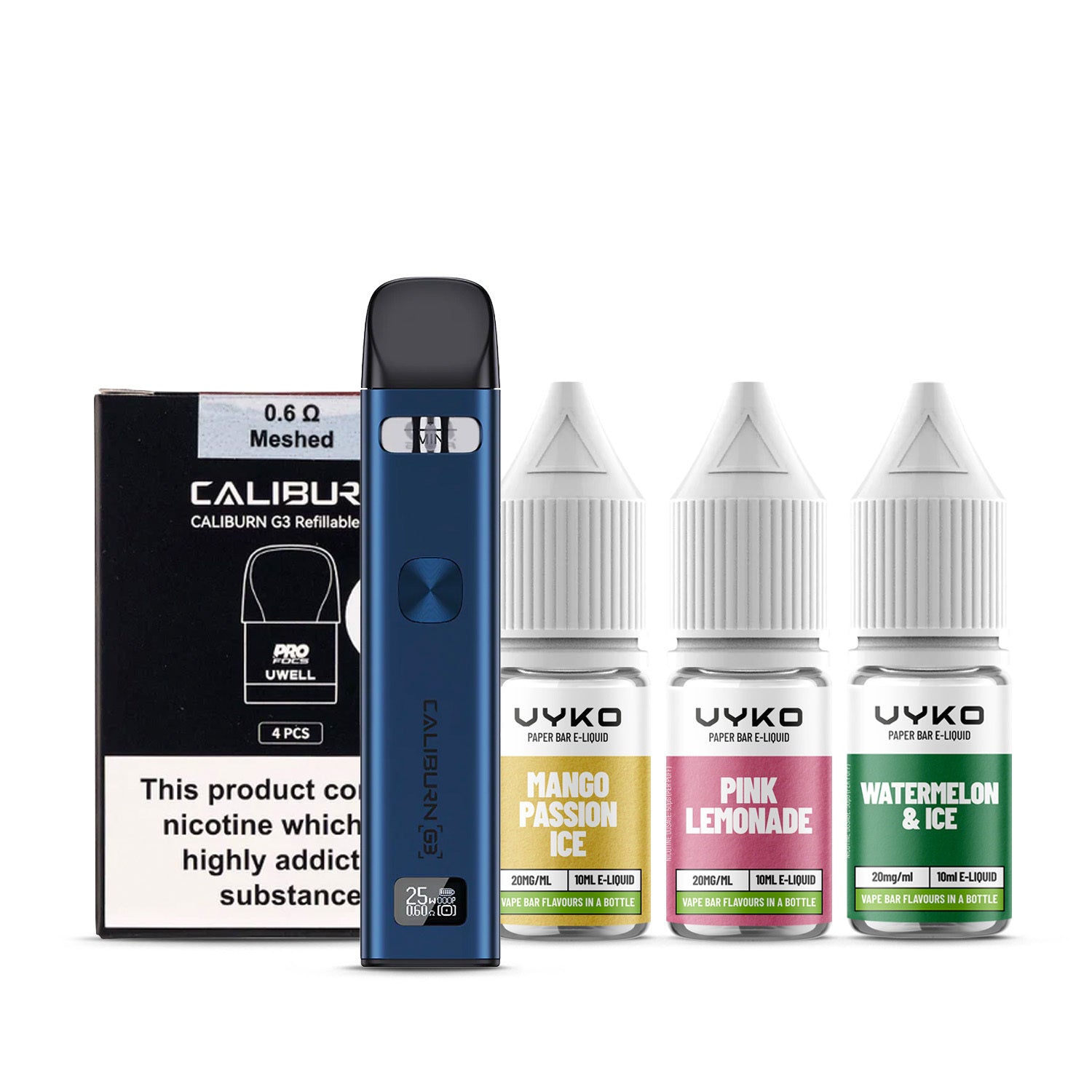 Blue Uwell Caliburn G3 Kit with a pack of pods and three e-liquids