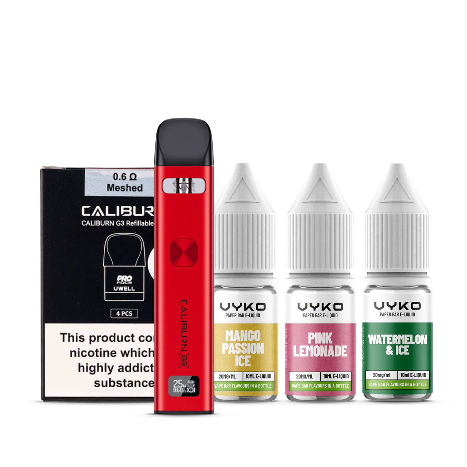 Red Uwell Caliburn G3 Kit with a pack of pods and three e-liquids