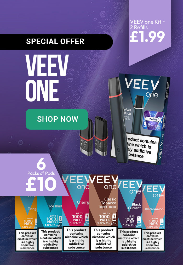 Advertisement for VEEV One vaping products with packaging and text on a purple background
