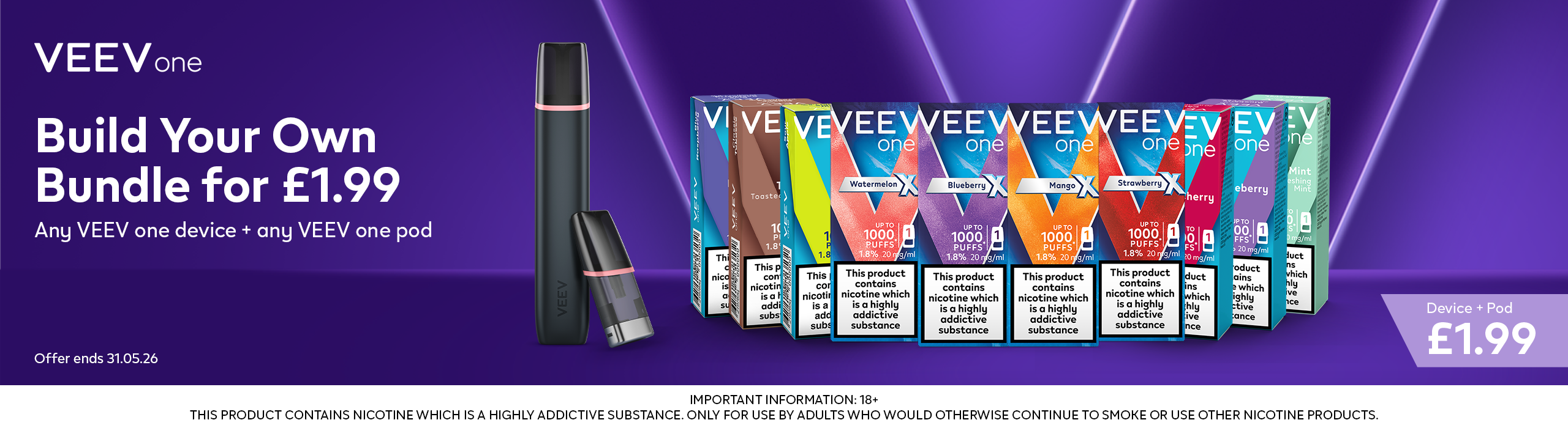 Veev one vaping device and pods on a purple background with promotional text.