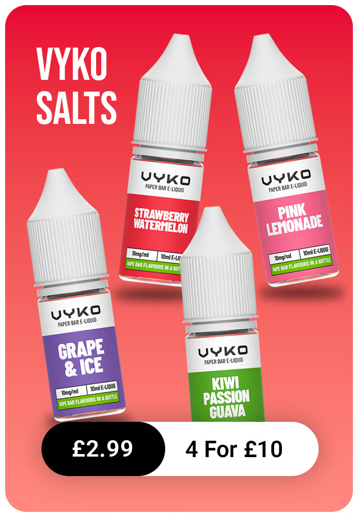 Four bottles of VYKO e-liquid with different flavors on a red background.