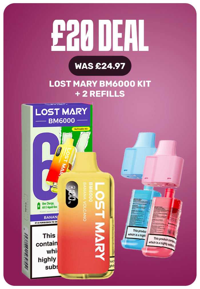 Promotional graphic for a Lost Mary BM6000 vape kit bundle with two refills. The image features a purple background with a large '£20 DEAL' text at the top, showing the retail box, a yellow-to-orange gradient vape device labeled 'LOST MARY', and three colorful refills in blue, pink, and red.