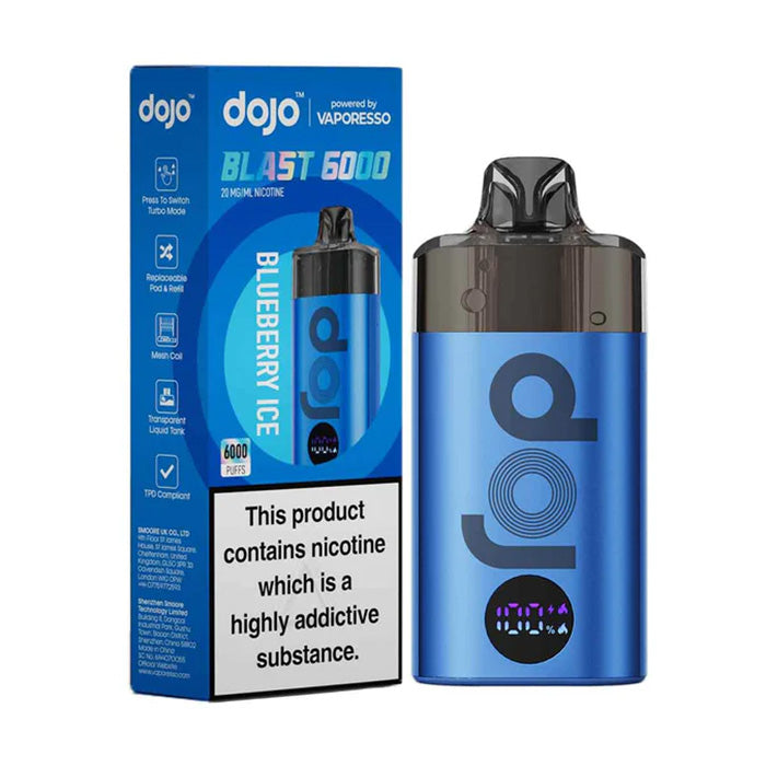 Blueberry Ice Vaporesso Dojo Blast 6000 Prefilled Pod Kit and Box