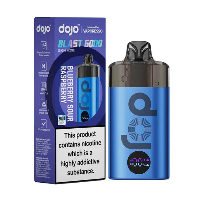 Blueberry Sour Raspberry Vaporesso Dojo Blast 6000 Prefilled Pod Kit and Box