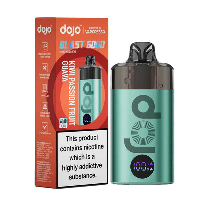 Kiwi Passion Fruit Guava Vaporesso Dojo Blast 6000 Prefilled Pod Kit and Box