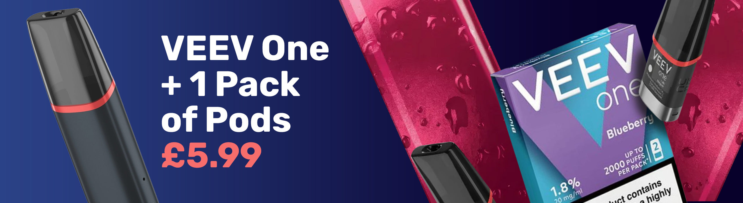 Promotional banner for VEEV One vape device and pods with pricing on a blue background.