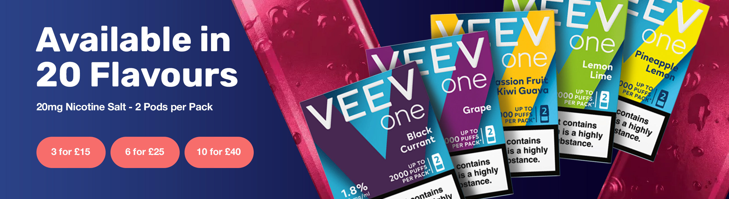 Veev vape devices with flavors displayed on a blue background