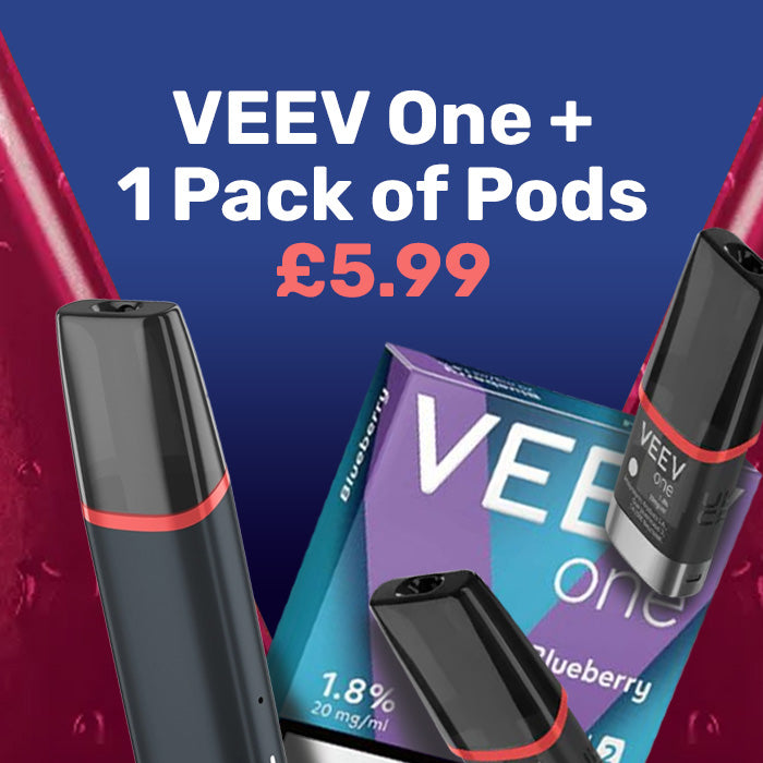 VEEV One vape device with packaging and '1 Pack of Pods' on a blue background
