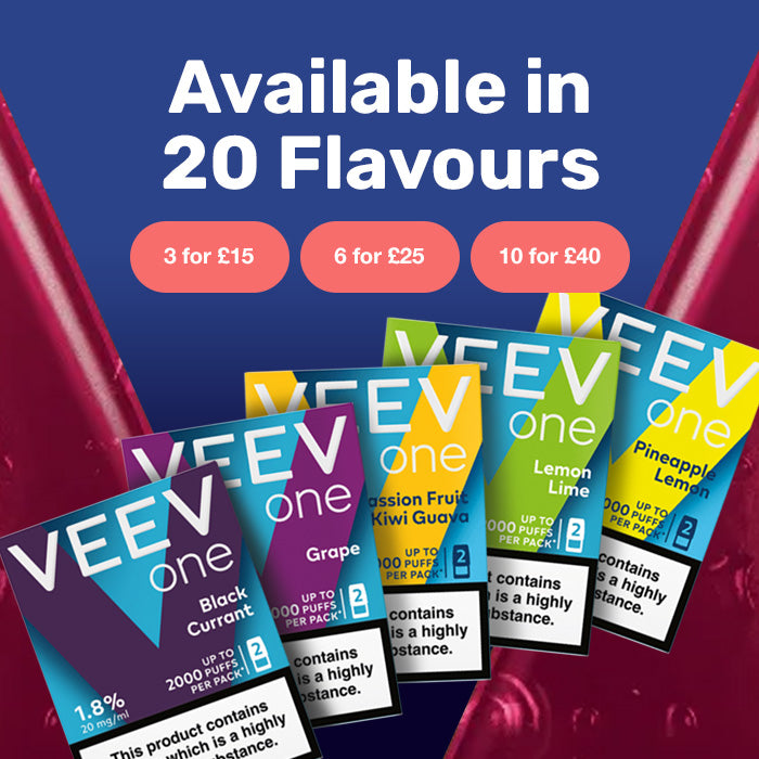 Veev one vape devices with colorful packaging and promotional text on a blue background