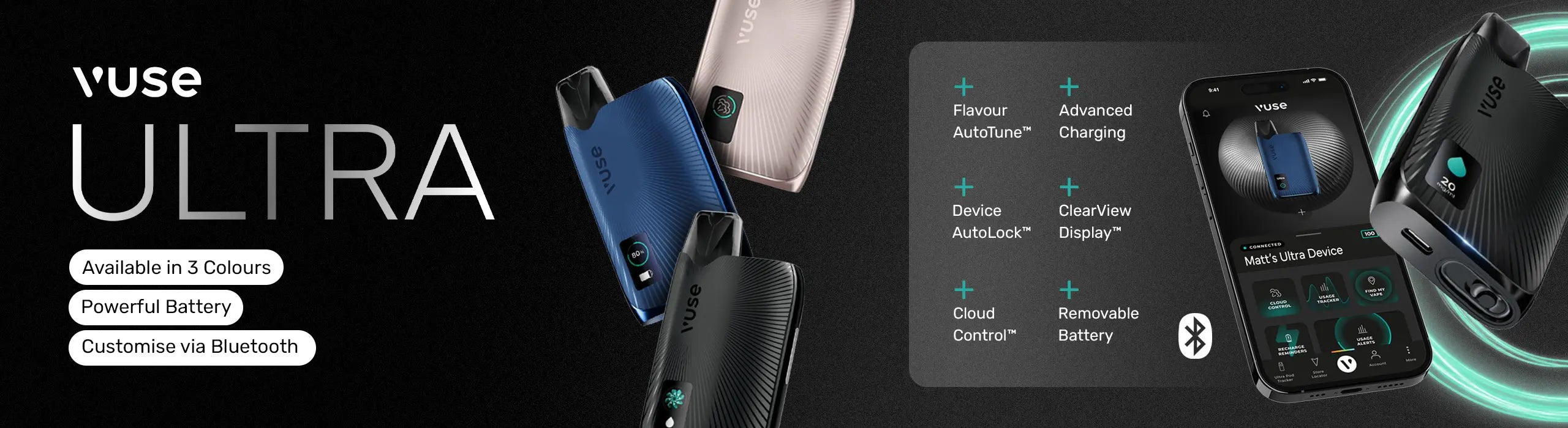 Vuse Ultra vaping device with features and color options on a black background