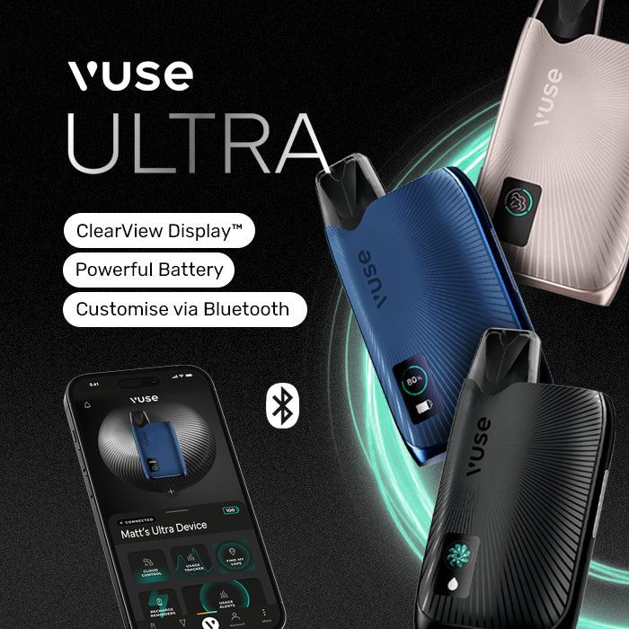 Vuse Ultra vaping device with smartphone app on a dark background