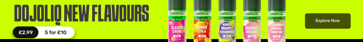 Promotional banner for Dojolio e-liquid flavors, featuring five small bottles with green caps and colorful labels on a bright yellow background, alongside text reading 'DOJOLIO NEW FLAVOURS', price details, and an 'Explore Now' button.