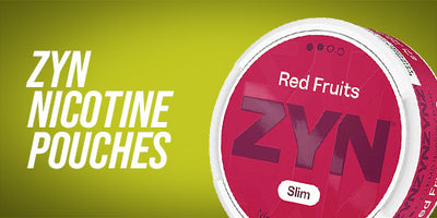 ZYN nicotine pouches packaging with red fruits flavor on a green background