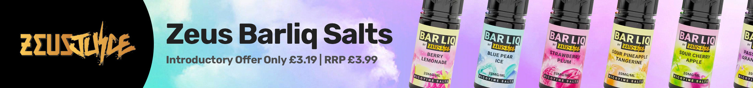 Zeus Barliq Salts product banner with colorful bottles and pricing information.