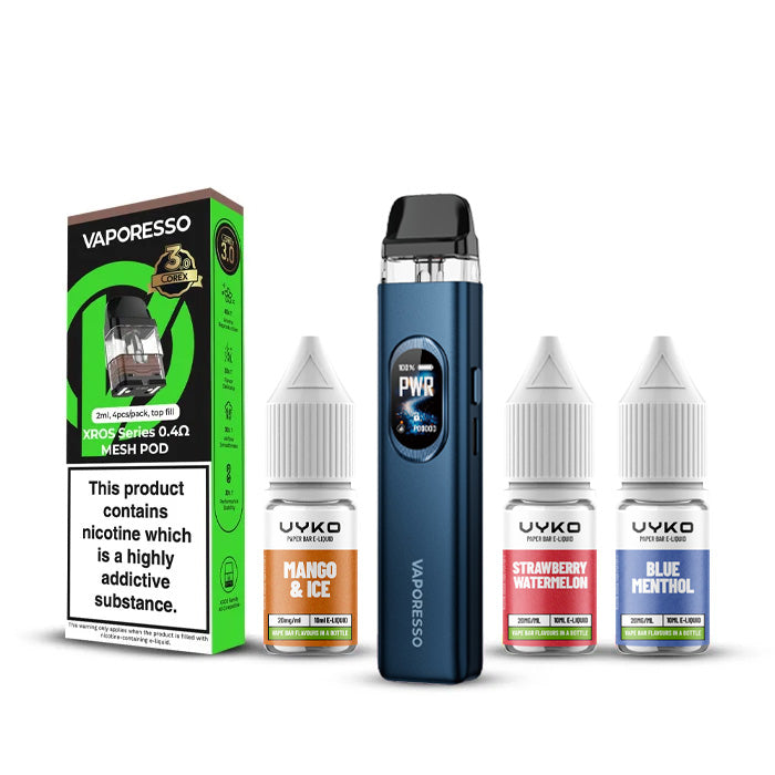 Abyssal Blue Vaporesso Xros 6 Kit with three 10ml VYKO Nic Salts and a Pack of Pods