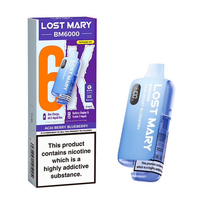 Acai Berry Blueberry Lost Mary BM6000 Prefilled Pod Kit and Box