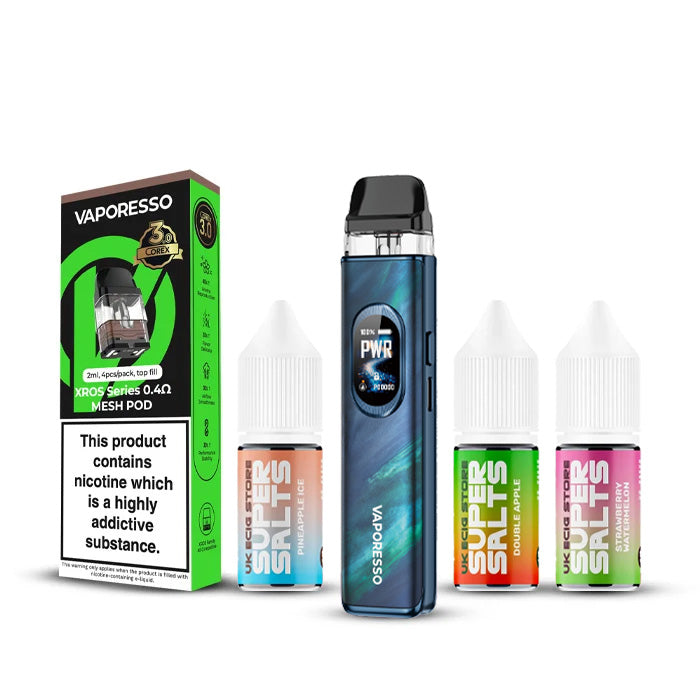 Aurora Blue Vaporesso Xros 6 Kit with three super salts and a pack of pods