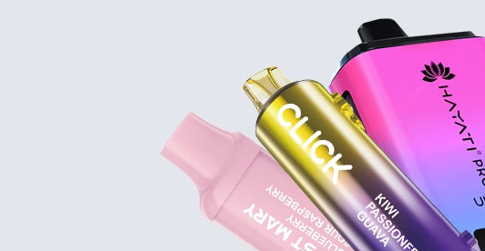 Three colorful vape devices with visible branding on a light gray background