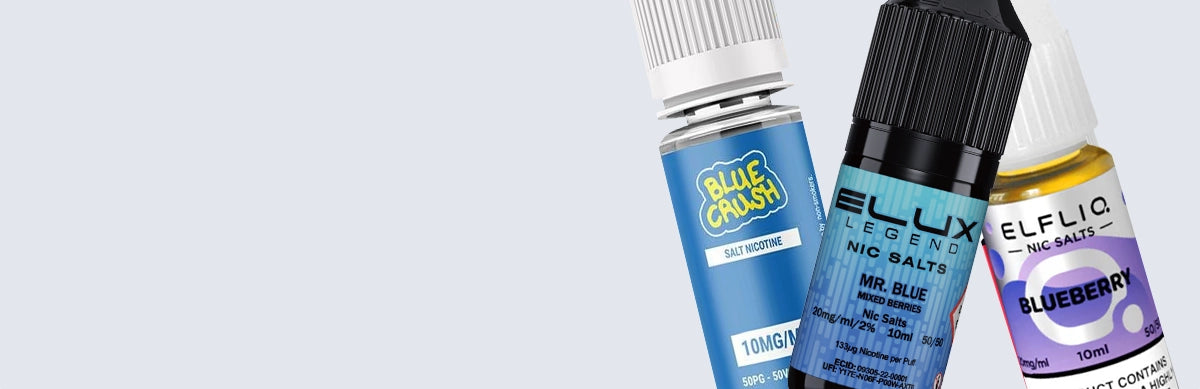 E-liquids Banner with 3 10ml eliquids bottles in grey background