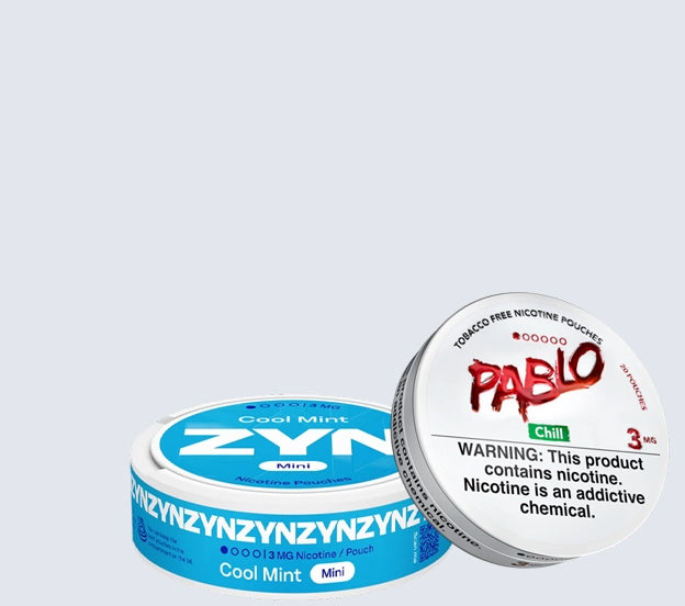 Nicotine pouche Banner with 2 tin pouches in grey background