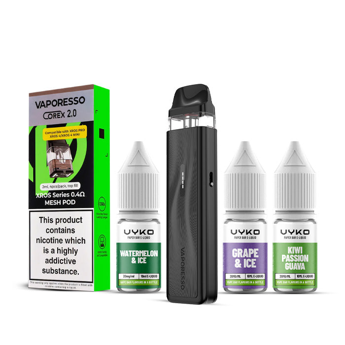 Black Vaporesso Xros 5 Mini Kit with a Pack of Pods and Three 10ml Bottles of Nic Salt E-Liquid