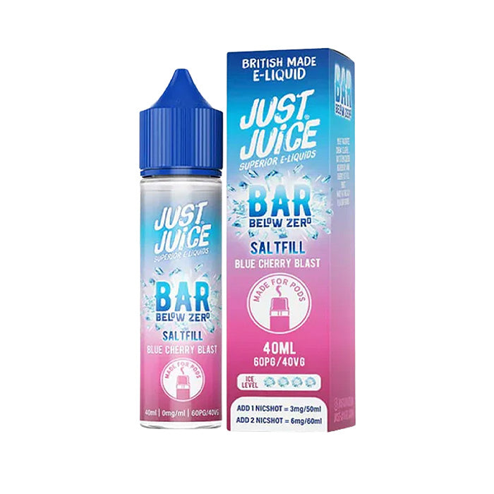 A 40ml bottle of Just Juice Bar Below Zero Blue Cherry Blast E-Liquid with the box